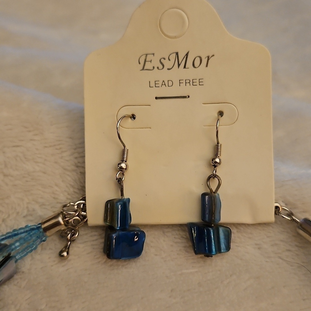 Vtg ES MOR 1980s Denim Blue Shell Beaded Necklace and Earring Set - Picture 3 of 5